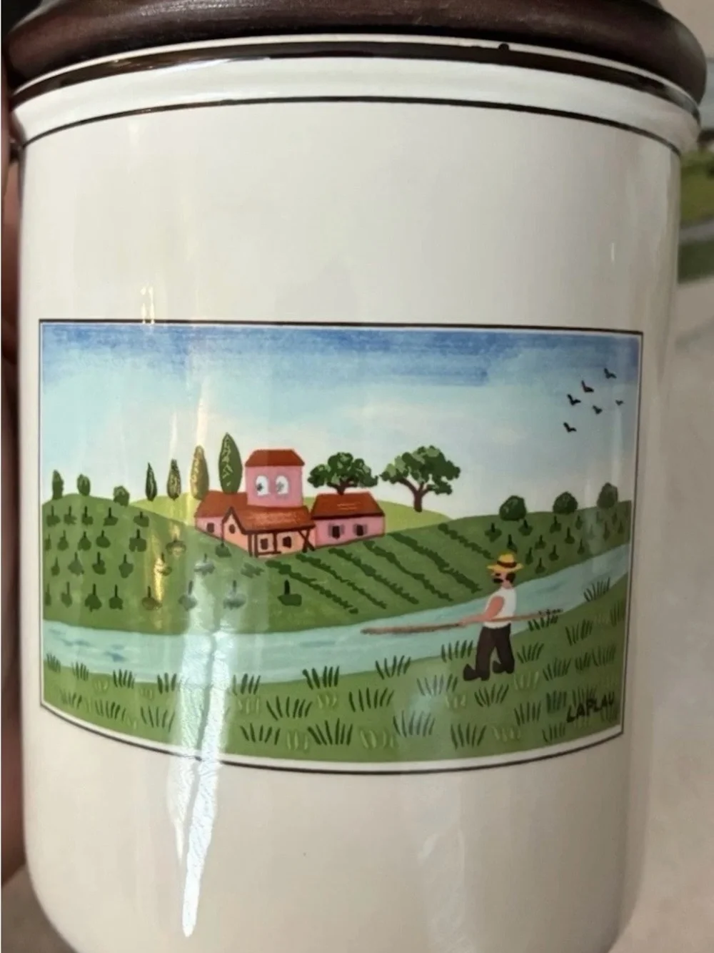 Villeroy & Boch Cream Ceramic Canister Set with Brown Lids and Pastoral Scenes
